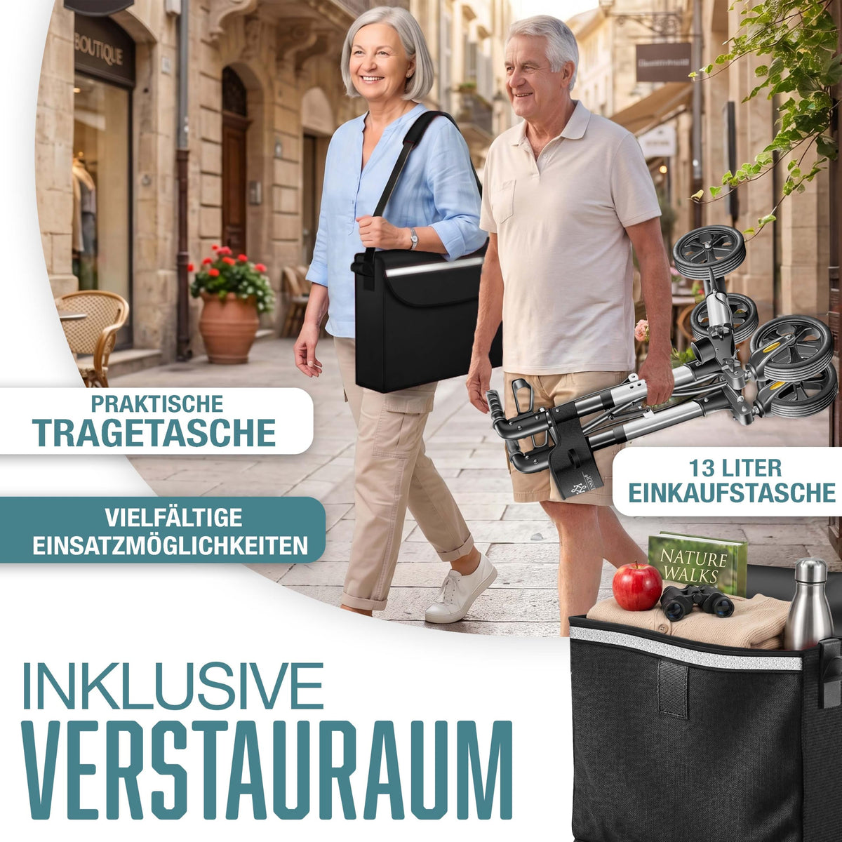 KESSER® Andador plegable con asiento y respaldo, 4 Ruedas/Frenos/Saco de Compra y Porta Bastón, Altura Ajustable 82-94cm, Andador, Carro, Rollator para Ancianos Gris