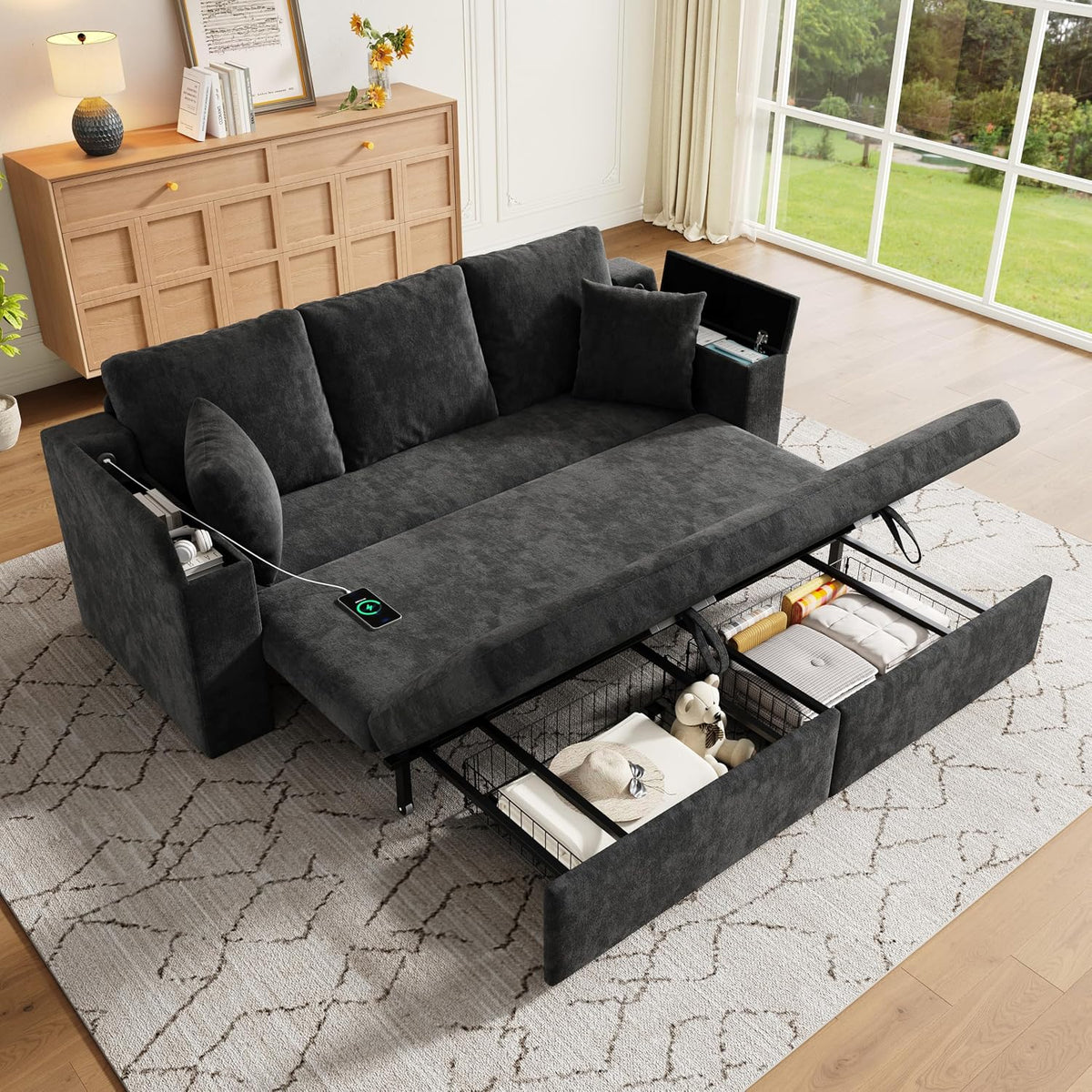 Sofá cama de 210 cm, multifuncional, 3 plazas, con función de dormir, sofá cama extensible, sofá con espacio de almacenamiento, reposabrazos y puerto de carga USB, para salón y dormitorio, color