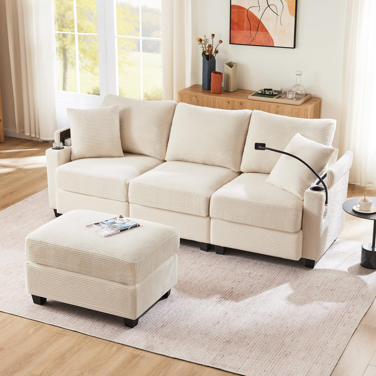 Sofá modular de 6 plazas, sofá esquinero en forma de L/U, puertos USB/tipo C, portavasos y espacio de almacenamiento, tela de chenilla, 7 cojines, salón, dormitorio y oficina, color beige