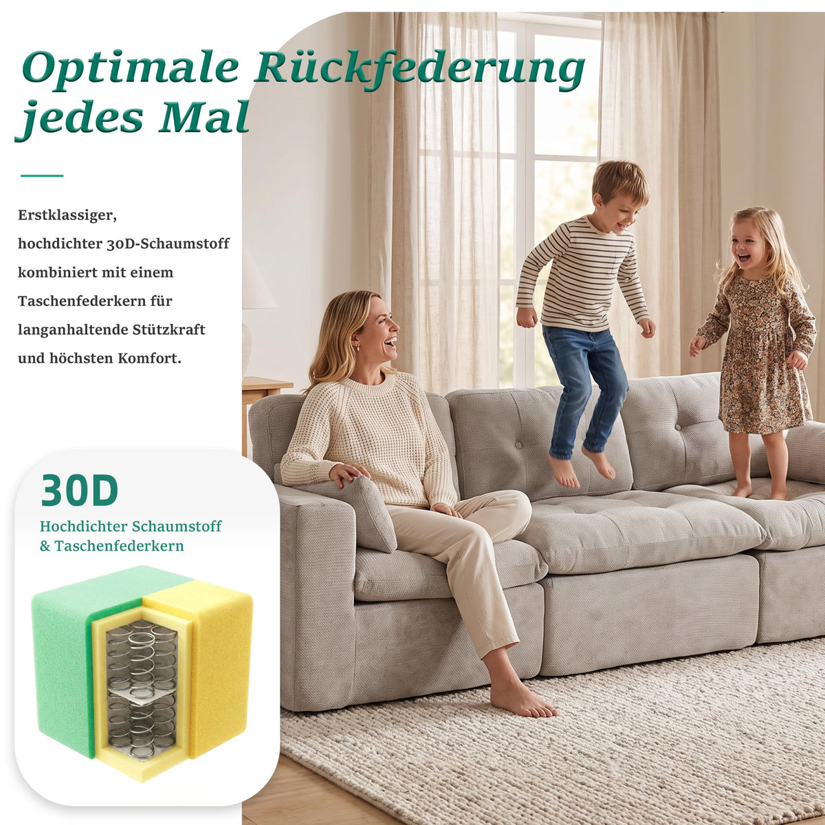 Sofá modular de 3 plazas con función de dormir, asiento extra profundo, felpilla para el hogar, sofá sin marco, sofá cama flexible para salón, verde