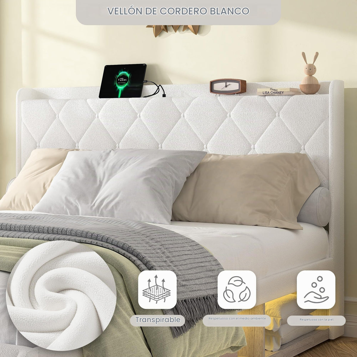 Cama tapizada de 160 x 200 cm con espacio de almacenamiento e iluminación LED, cama doble hidráulica con detalles dorados, cama de terciopelo de lujo con sincronización de música y