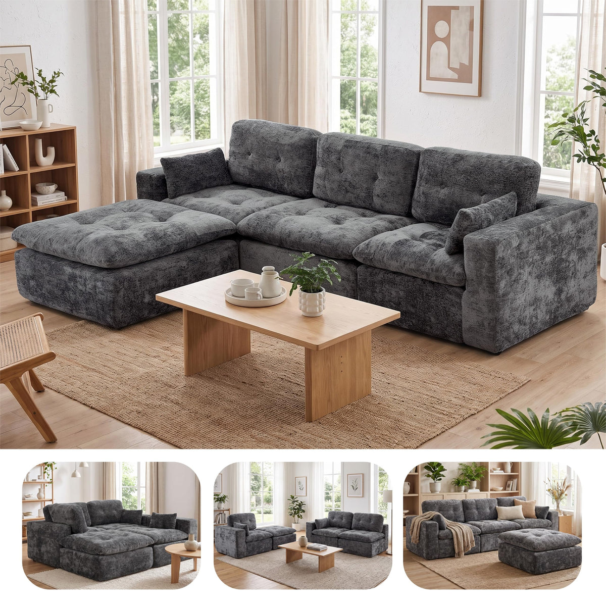 Sofá modular de 3 plazas con función de dormir, asiento extra profundo, felpilla para el hogar, sofá sin marco, sofá cama flexible para salón, verde