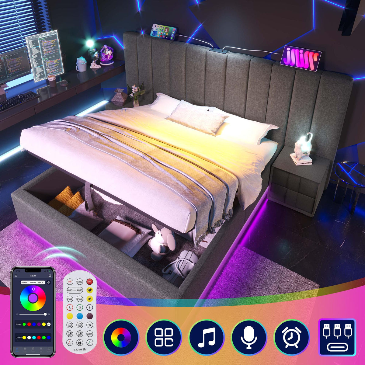 Cama tapizada 180×200cm, Cama Doble con canapé con LED y función de Carga USB-C, PU, sin colchón ni mesita de Noche (Blanco, 180 x 200 cm)