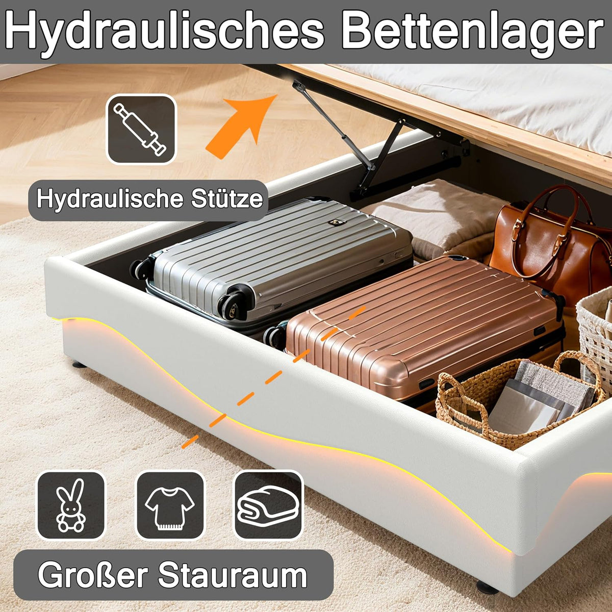 Estructura de Cama de Cuero 160x200cm con Carga USB Type-C, Blanco