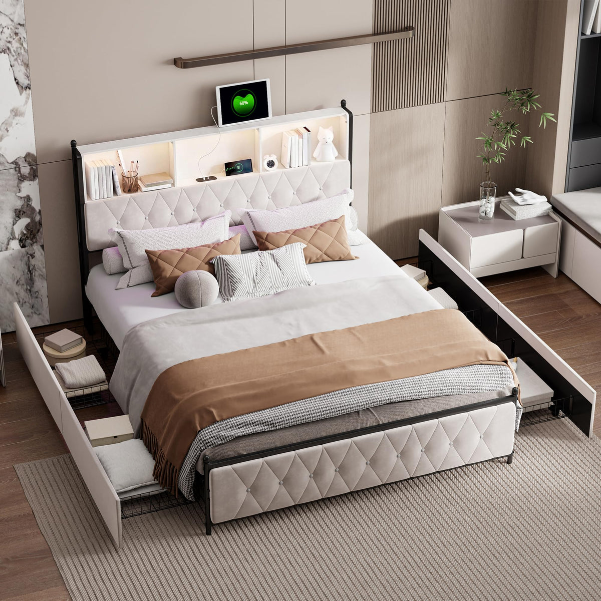 BRILVERDE Cama Tapizada 160x200 con Almacenamiento, Cama matrimonial con cajones, Cama Nido con LED, Cabecero Acolchado y Base de Láminas, Terciopelo (Beige, 160 x 200 cm)