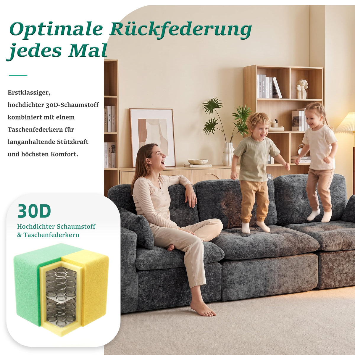 Sofá modular de 3 plazas con función de dormir, asiento extra profundo, felpilla para el hogar, sofá sin marco, sofá cama flexible para salón, verde