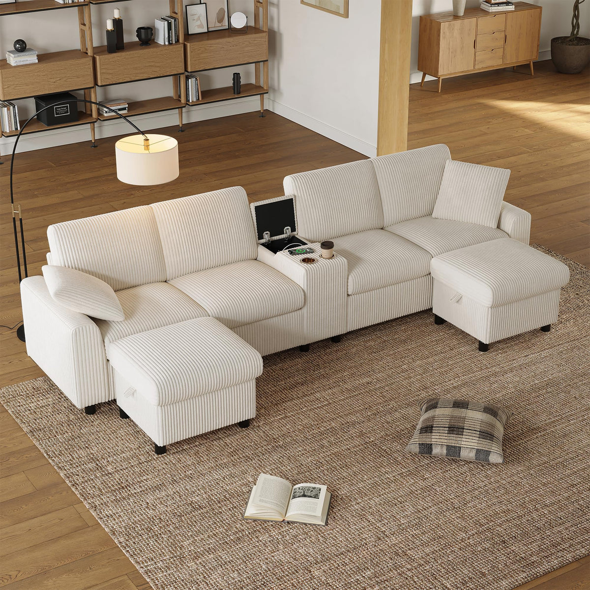 LAKFEW Sofa Cama con Cama Extensible y Taburete Almacenaje, Sofa Rinconera con USB, Lámpara de Lectura, Mesa Plegable con 2 Posavasos, 205x205x85 cm, Gris