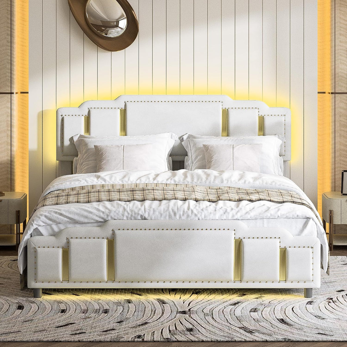 Cama tapizada de 160 x 200 cm con espacio de almacenamiento e iluminación LED, cama doble hidráulica con detalles dorados, cama de terciopelo de lujo con sincronización de música y