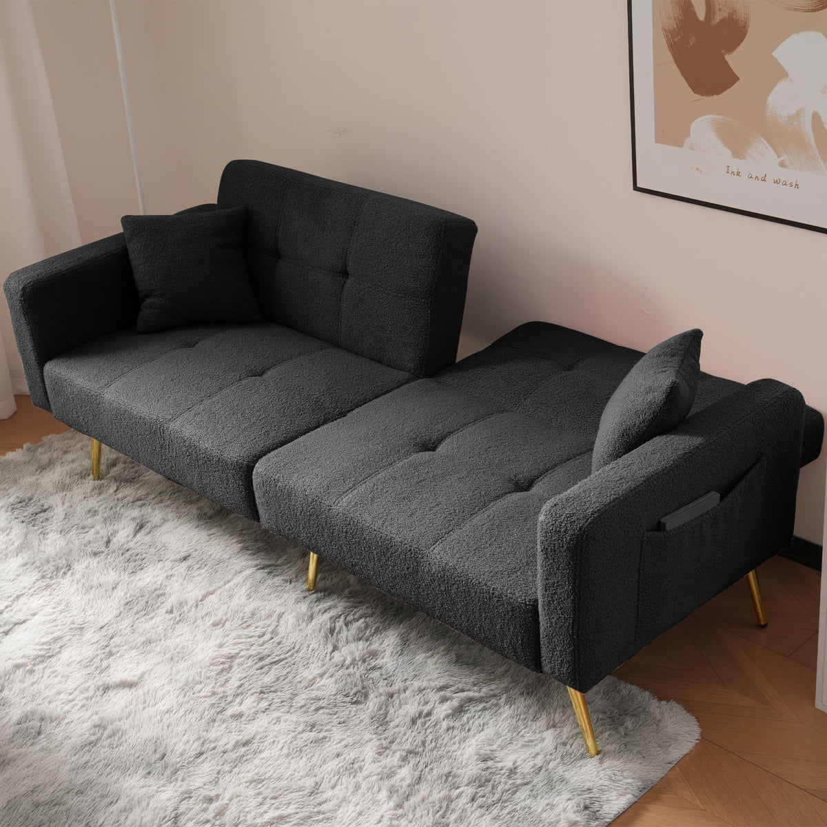 Sofá cama con esquinas ajustables, patas doradas, almohadas y bolsillos laterales para almacenamiento (Bavia)