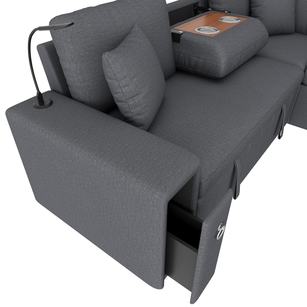 Sapgaks Sofá de esquina convertible de 6 plazas con USB, sofá convertible de 6 plazas, sofá de 6 plazas, en chenilla, con apoyabrazos en forma de librería, puf extraíble para configuraciones en L y en