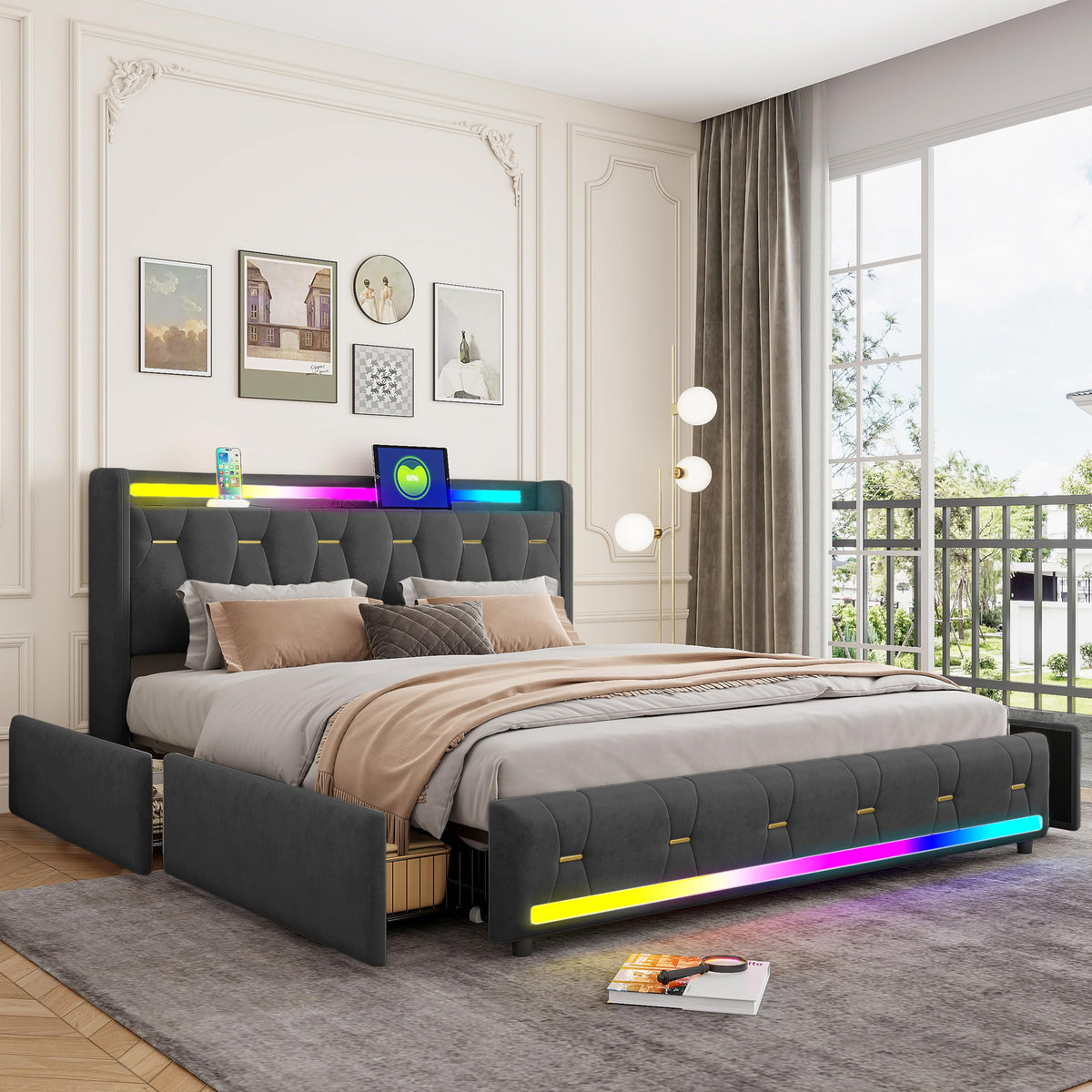 Estructura de Cama de Cuero 160x200cm con Carga USB Type-C, Blanco