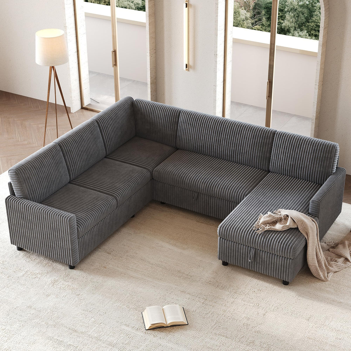 LAKFEW Sofa Cama con Cama Extensible y Taburete Almacenaje, Sofa Rinconera con USB, Lámpara de Lectura, Mesa Plegable con 2 Posavasos, 205x205x85 cm, Gris