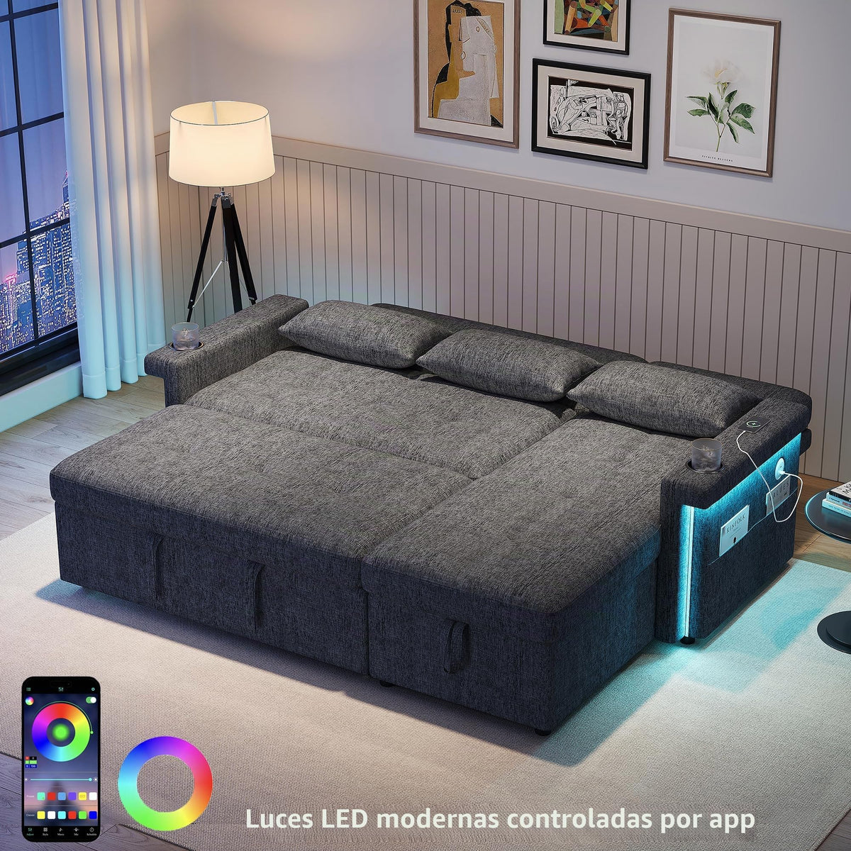 Bladez Sofá cama extensible en forma de L de lino con espacio de almacenamiento, soporte para bebidas, sofá modular de 3 plazas para salón (gris)