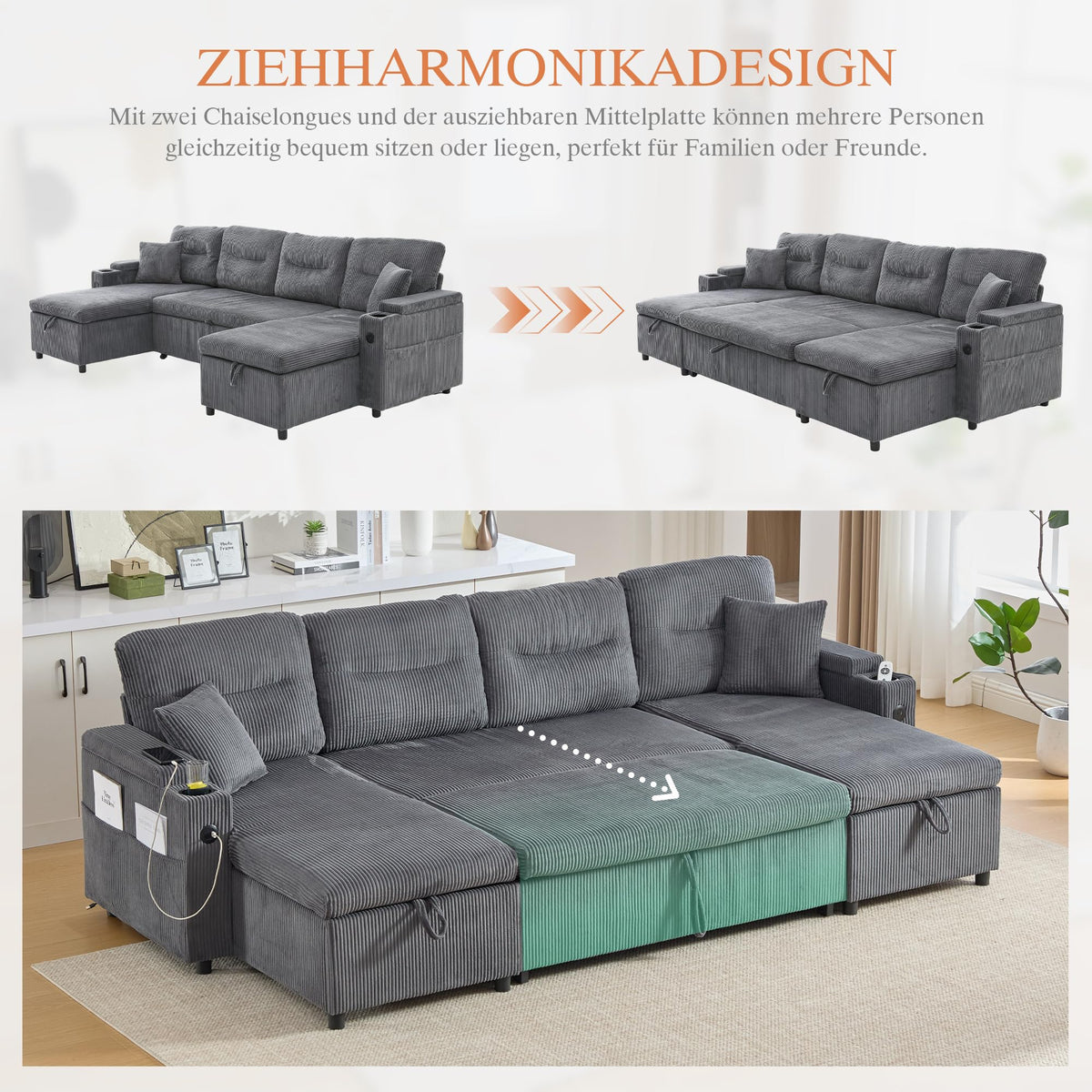 Dolamaní Sofá moderno de 4 plazas de tela de lino con espacio de almacenamiento y función de dormir, sofá cama con cajonera extensible en forma de L para casa y salón (beige B)