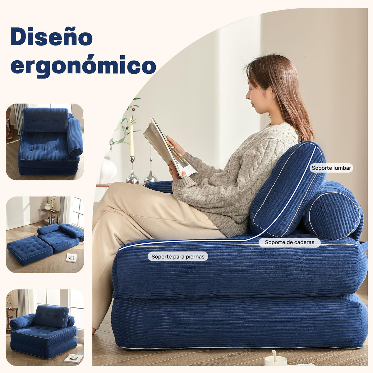 Sofá Convertible 4 en 1, Sofá Cama 1 Plaza, Pana, Negro