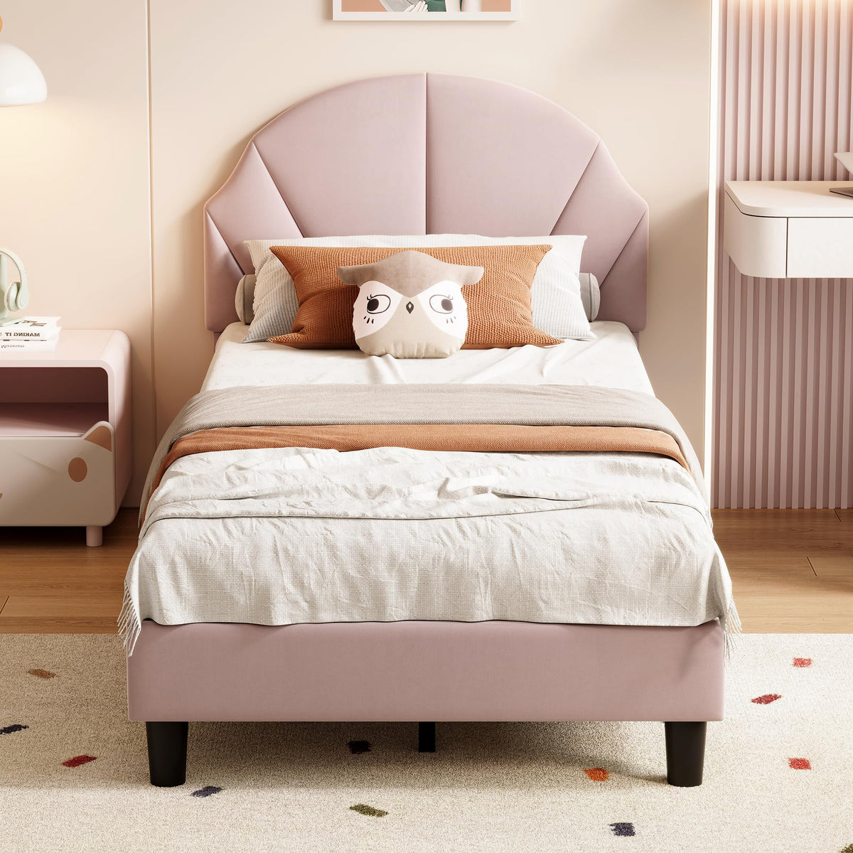 Cama Infantil tapizada 140 x 200 cm con LED, Cama tapizada para niños 140 x 200 con cabecera Ajustable Marco de Camas, Camas de Princesa para Niña en Forma de Corona con Somier(Rosa, 140 x 200)