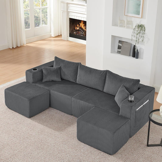Bladez Sofá esquinero modular en forma de U de pana de 3 plazas gris con otomana
