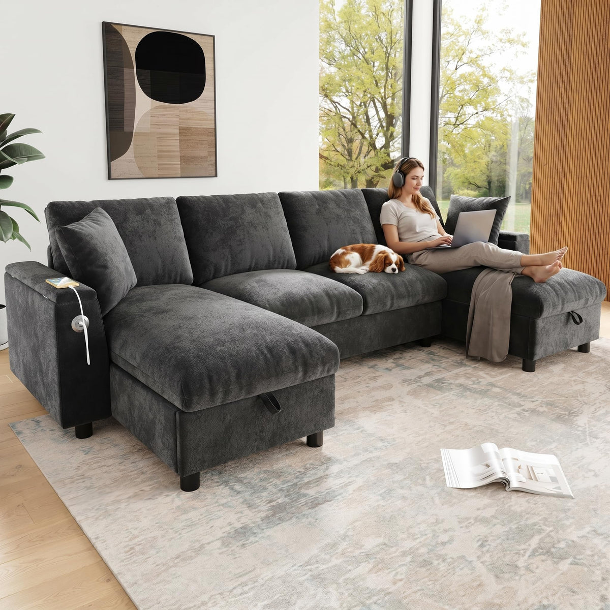 Sofá moderno de chenilla en forma de U con chaise longue, sofá esquinero de 4 plazas con espacio de almacenamiento, puerto USB y tipo C, modular, con soporte para bebidas y cojines suaves