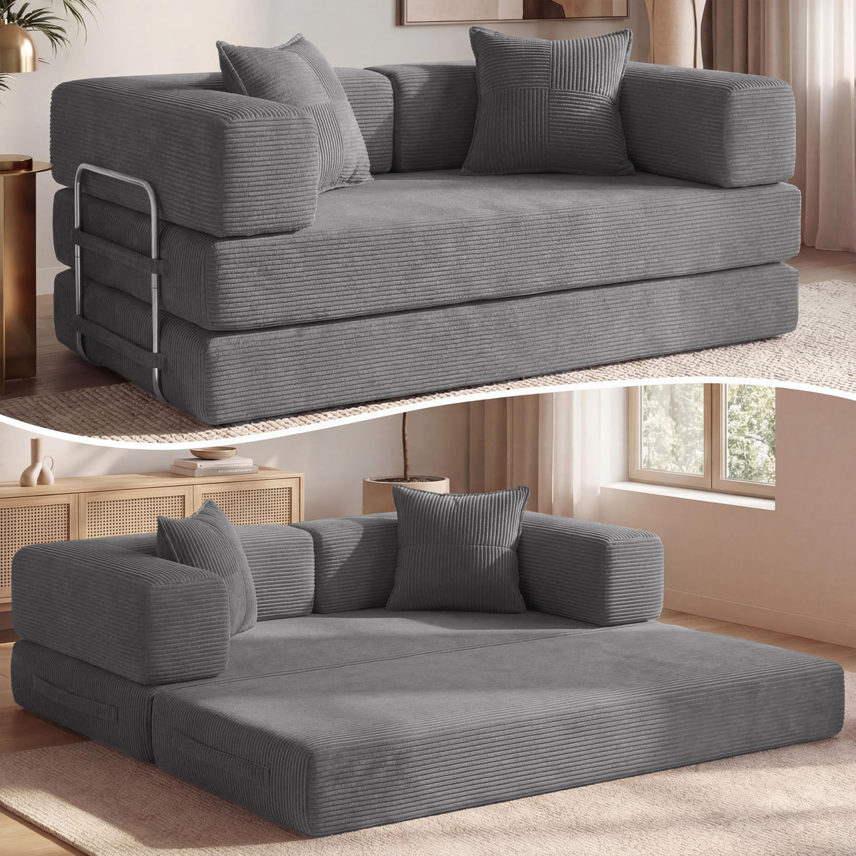 Vipbear Sofá Cama Pana 200×100×70 cm, sofá de Suelo transformable 5 en 1, Espuma de Alta Densidad, Apto para Mascotas y ergonómico, sin Montaje, Verde