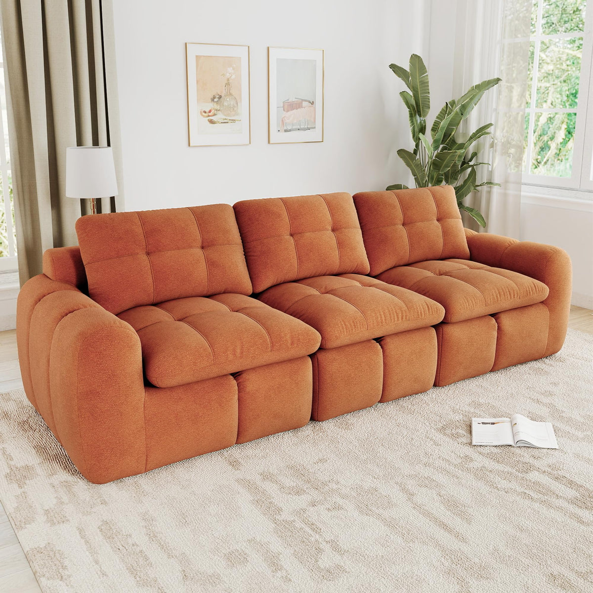 Sofá de 3 plazas con 1 taburete chenilla beige