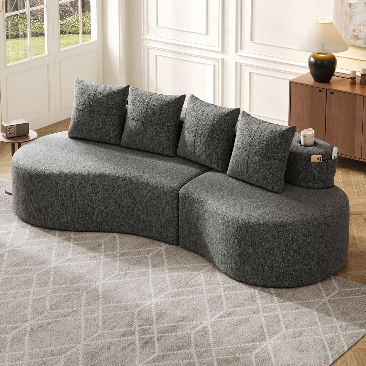 Bladez Sofá esquinero moderno curvado de 5 plazas, sofá modular de terciopelo, diseño curvado, cómodo sofá tapizado, cómodo sofá tapizado con cojines, adecuado para salón y apartamento, color blanco