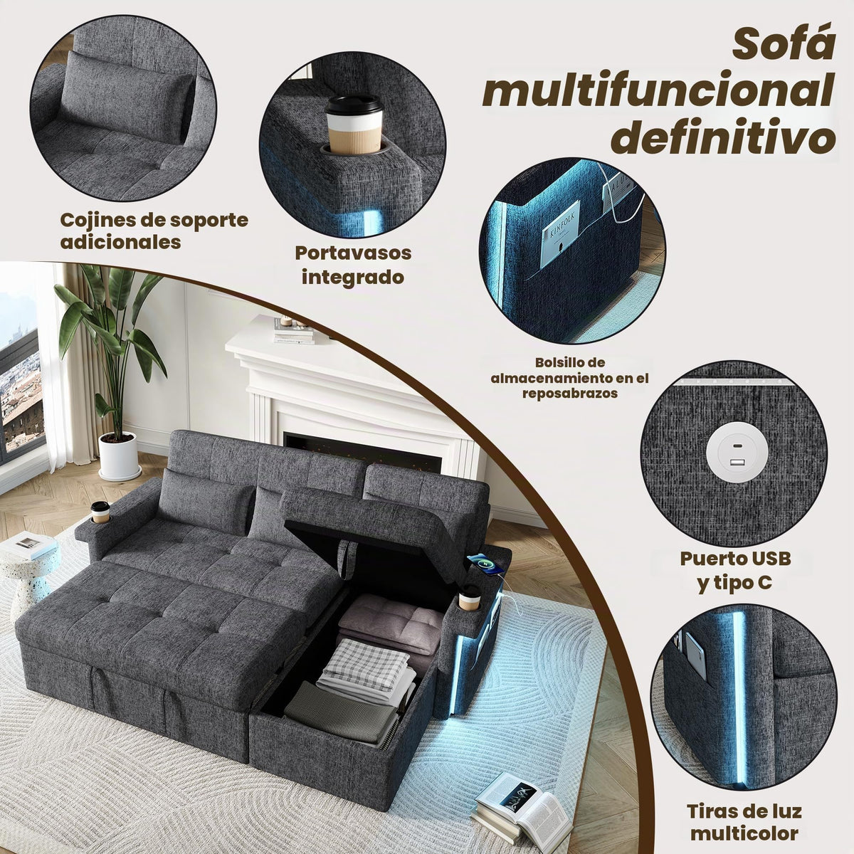 Bladez Sofá cama extensible en forma de L de lino con espacio de almacenamiento, soporte para bebidas, sofá modular de 3 plazas para salón (gris)