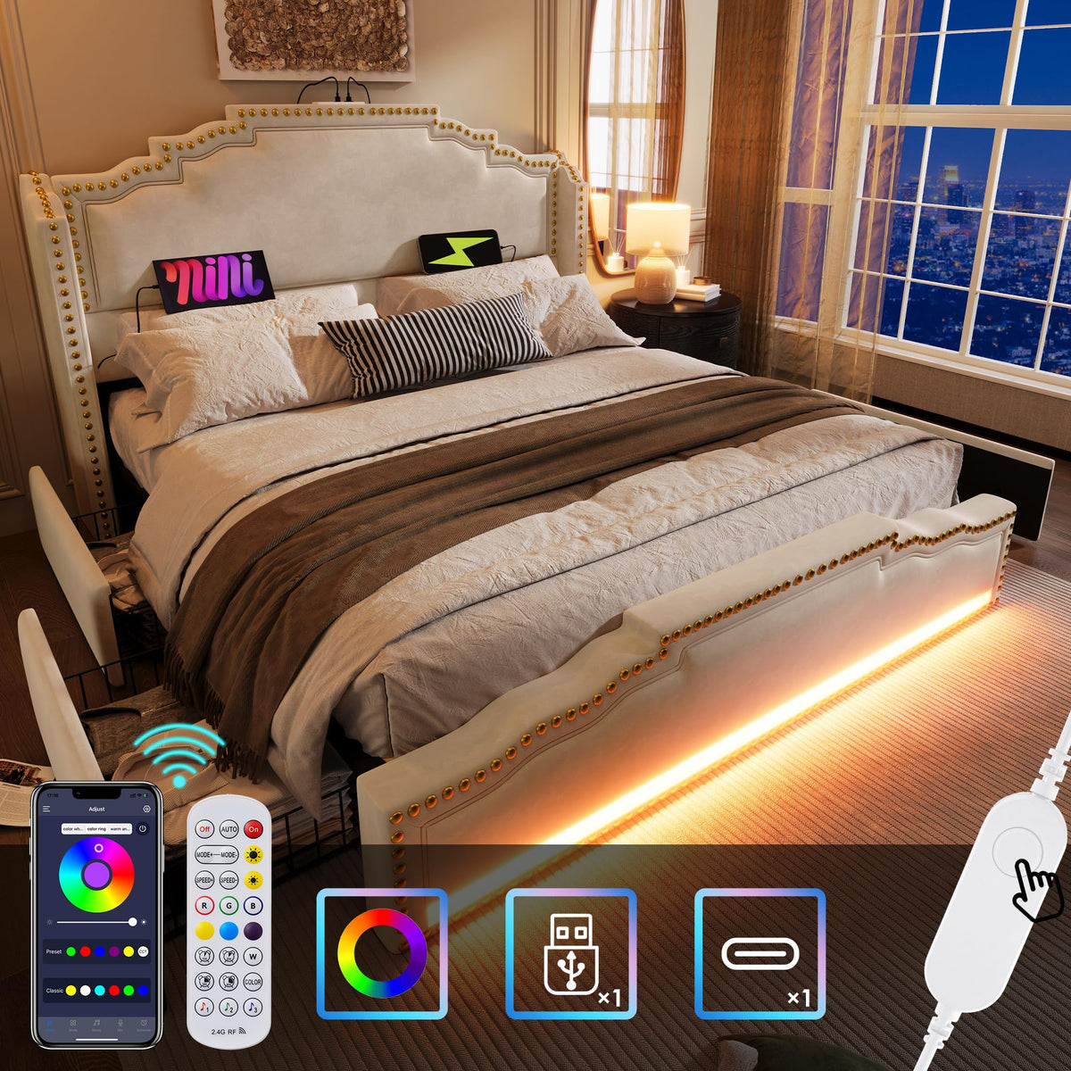 Cama tapizada de 160 x 200 cm, cama doble con 4 cajones, iluminación LED y puerto de carga USB-C, cama de almacenamiento y cama juvenil con somier, terciopelo, beige, sin colchón