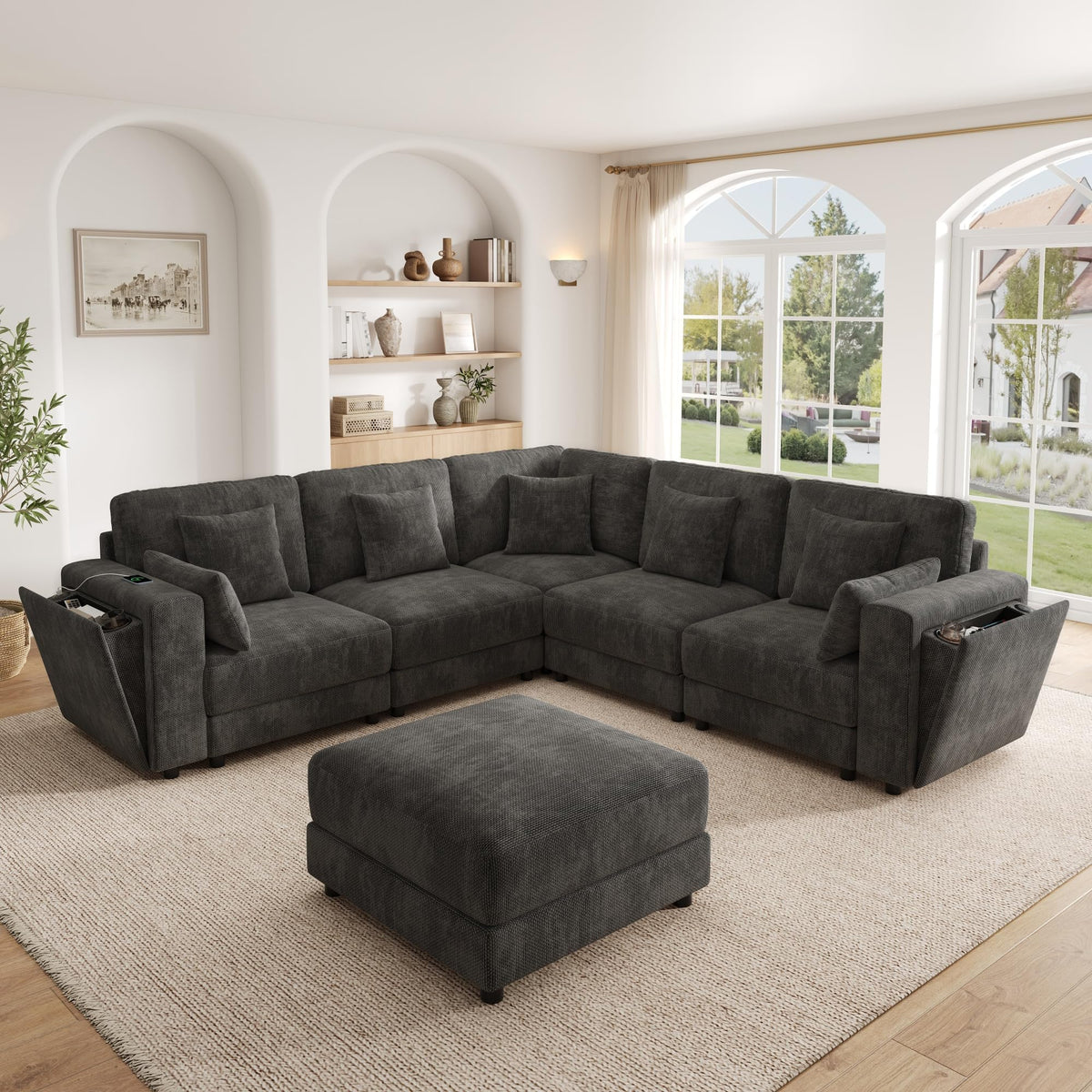 Sofá modular de 6 plazas, sofá esquinero en forma de L/U, puertos USB/tipo C, portavasos y espacio de almacenamiento, tela de chenilla, 7 cojines, salón, dormitorio y oficina, color beige