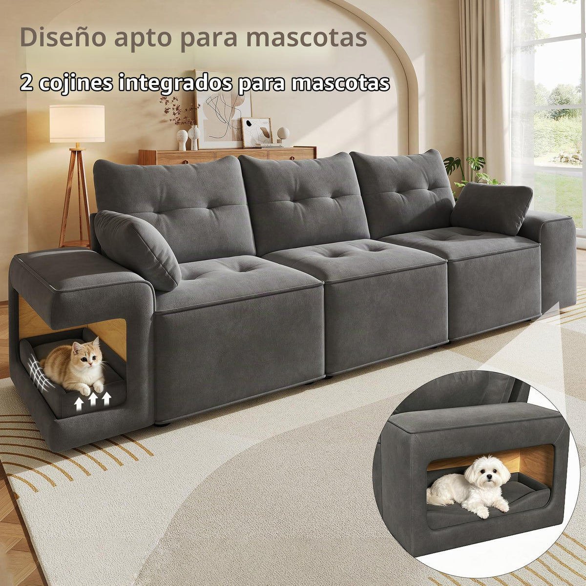 Sofá modular de 6 plazas, sofá esquinero en forma de L/U, puertos USB/tipo C, portavasos y espacio de almacenamiento, tela de chenilla, 7 cojines, salón, dormitorio y oficina, color beige