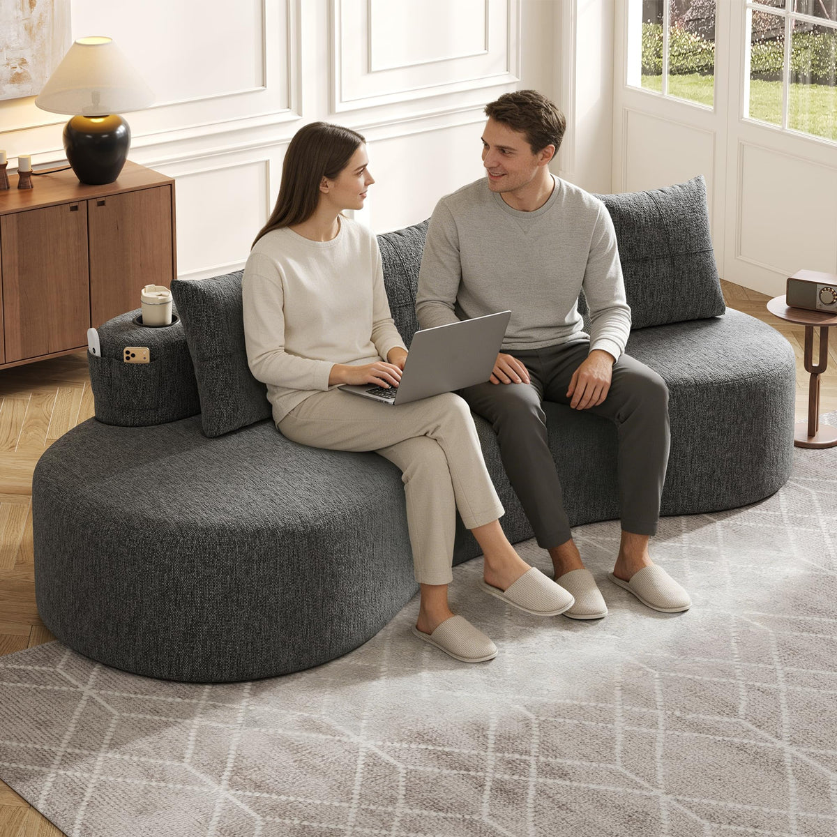 Bladez Sofá esquinero moderno curvado de 5 plazas, sofá modular de terciopelo, diseño curvado, cómodo sofá tapizado, cómodo sofá tapizado con cojines, adecuado para salón y apartamento, color blanco