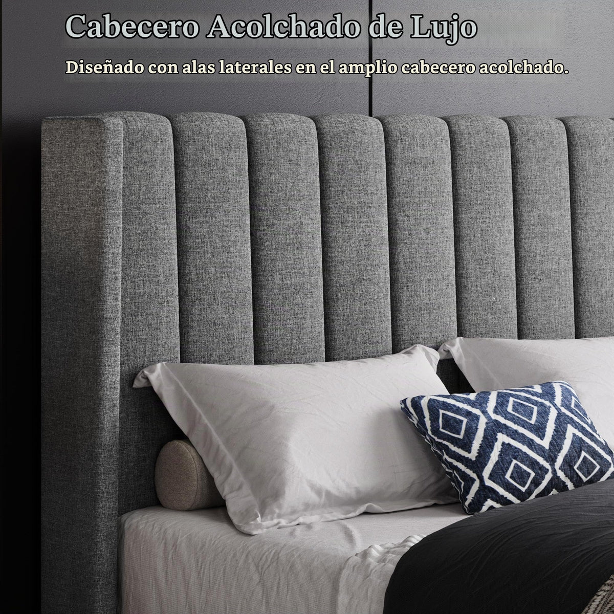 Yaheetech Cama Doble Tapizada 140 x 200cm con Somier de Lamas con Cabecero Rayado Moderno Estructura de Madera y Metal Marco de Cama para Adultos 2 Personas Beige