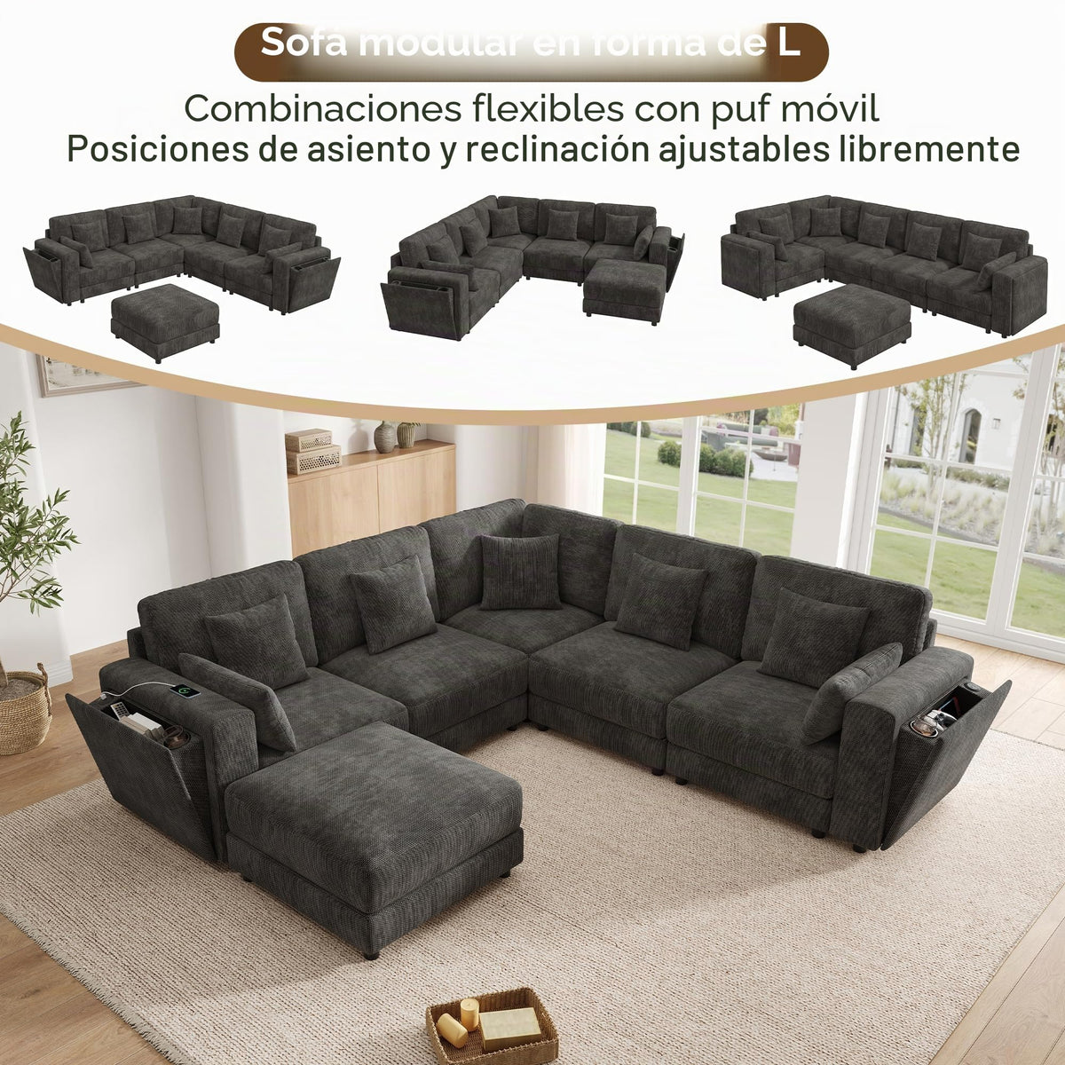 Sofá modular de 6 plazas, sofá esquinero en forma de L/U, puertos USB/tipo C, portavasos y espacio de almacenamiento, tela de chenilla, 7 cojines, salón, dormitorio y oficina, color beige