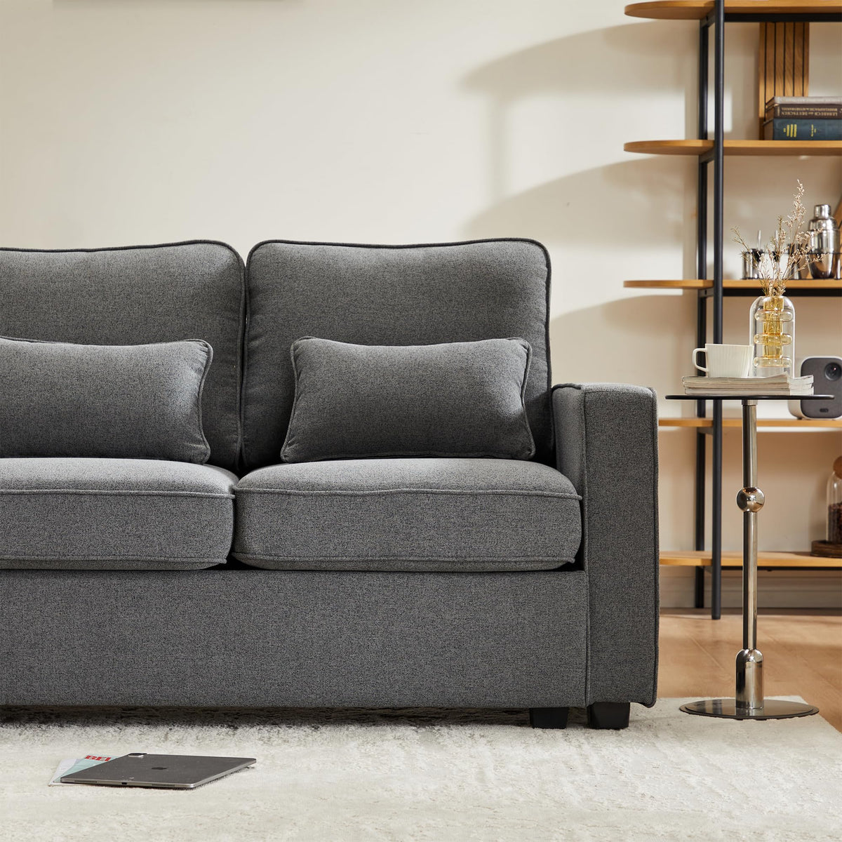 Sofá moderno de 4 plazas, en tejido de lino, soporte para bebidas, 2 puertos de carga USB con cable, bolsillos en reposabrazos y 4 cojines, sofá sencillo para sala de estar