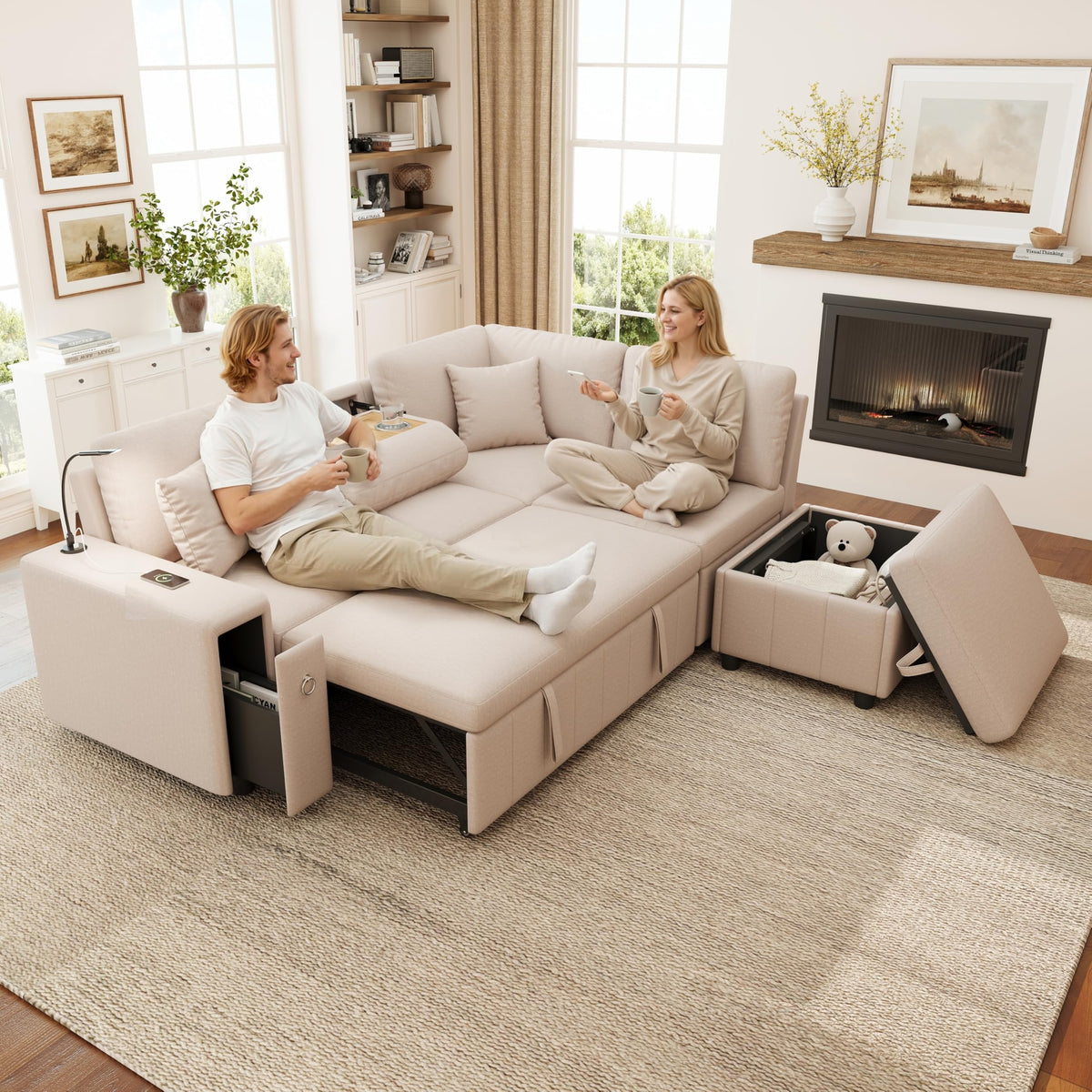 Sofá esquinero extensible en forma de L con puerto USB y portavasos, sofá cama de 4 plazas con función cama, sofá convertible con espacio de almacenamiento y reposabrazos, cojines, chenilla