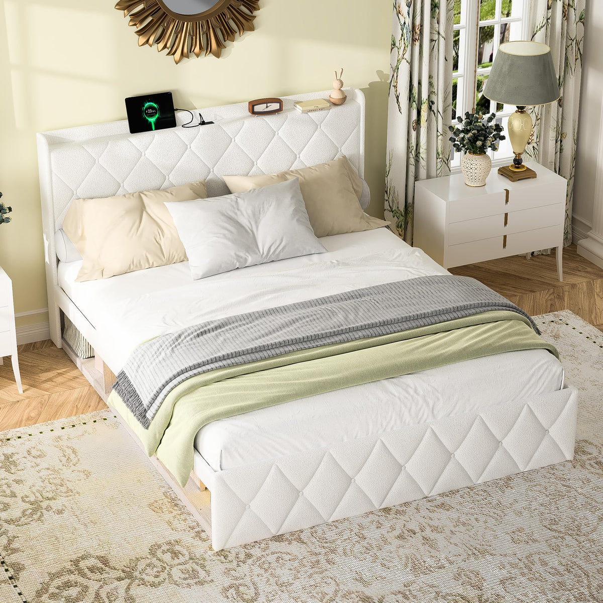 Cama tapizada de 160 x 200 cm con espacio de almacenamiento e iluminación LED, cama doble hidráulica con detalles dorados, cama de terciopelo de lujo con sincronización de música y