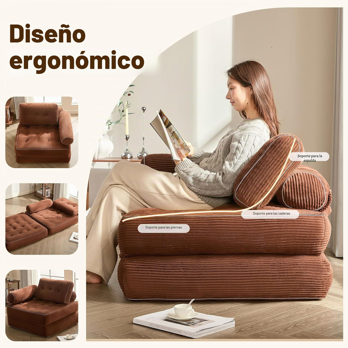 Sofá Convertible 4 en 1, Sofá Cama 1 Plaza, Pana, Negro
