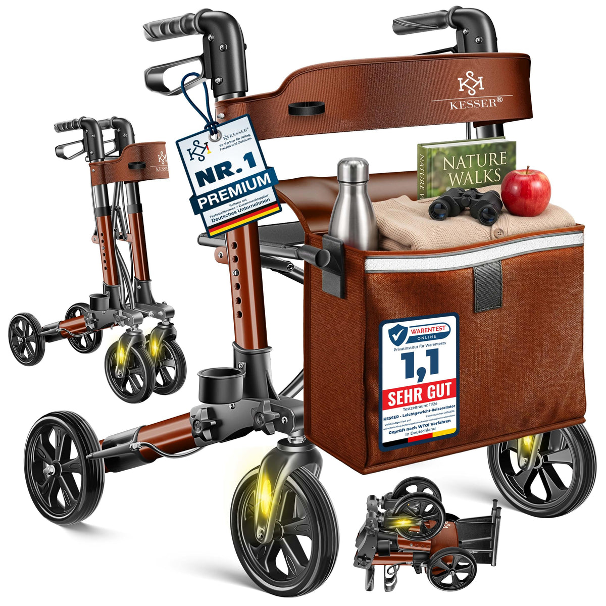 KESSER® Andador plegable con asiento y respaldo, 4 Ruedas/Frenos/Saco de Compra y Porta Bastón, Altura Ajustable 82-94cm, Andador, Carro, Rollator para Ancianos Gris