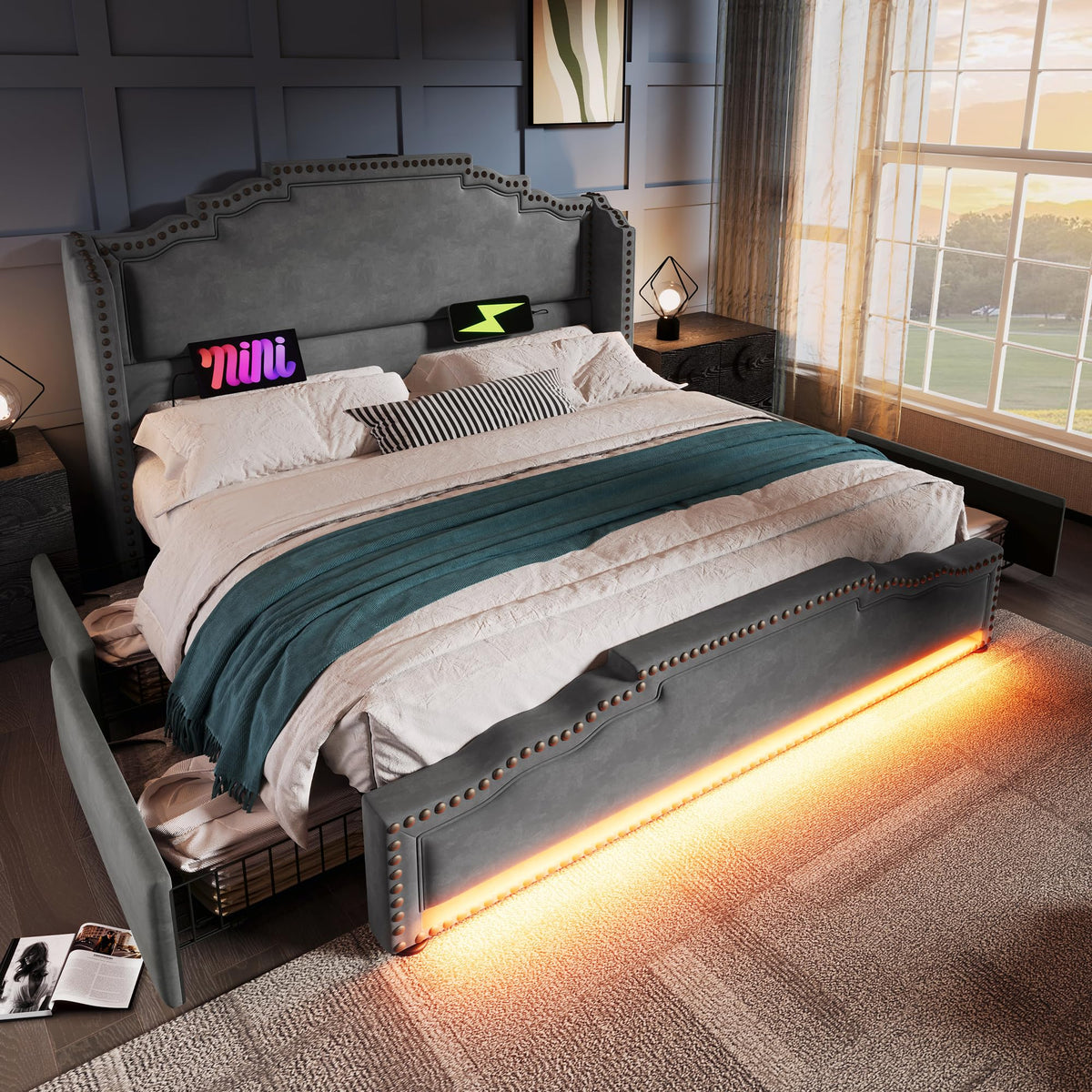 Cama tapizada de 160 x 200 cm, cama doble con 4 cajones, iluminación LED y puerto de carga USB-C, cama de almacenamiento y cama juvenil con somier, terciopelo, beige, sin colchón