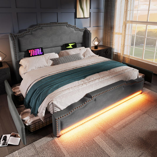 Cama tapizada de 160 x 200 cm, cama doble con 4 cajones, iluminación LED y puerto de carga USB-C, cama de almacenamiento y cama juvenil con somier, terciopelo, beige, sin colchón
