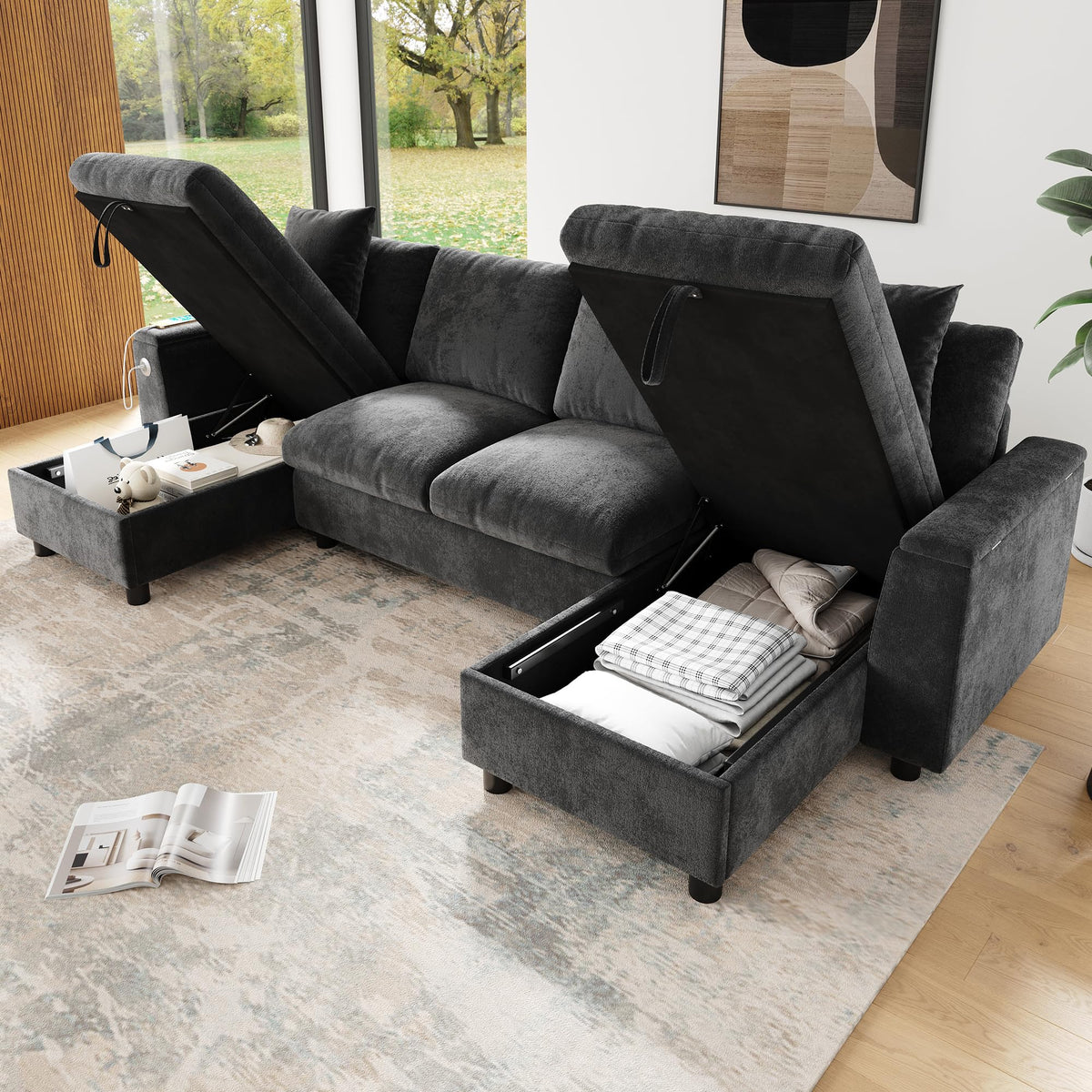 Sofá moderno de chenilla en forma de U con chaise longue, sofá esquinero de 4 plazas con espacio de almacenamiento, puerto USB y tipo C, modular, con soporte para bebidas y cojines suaves