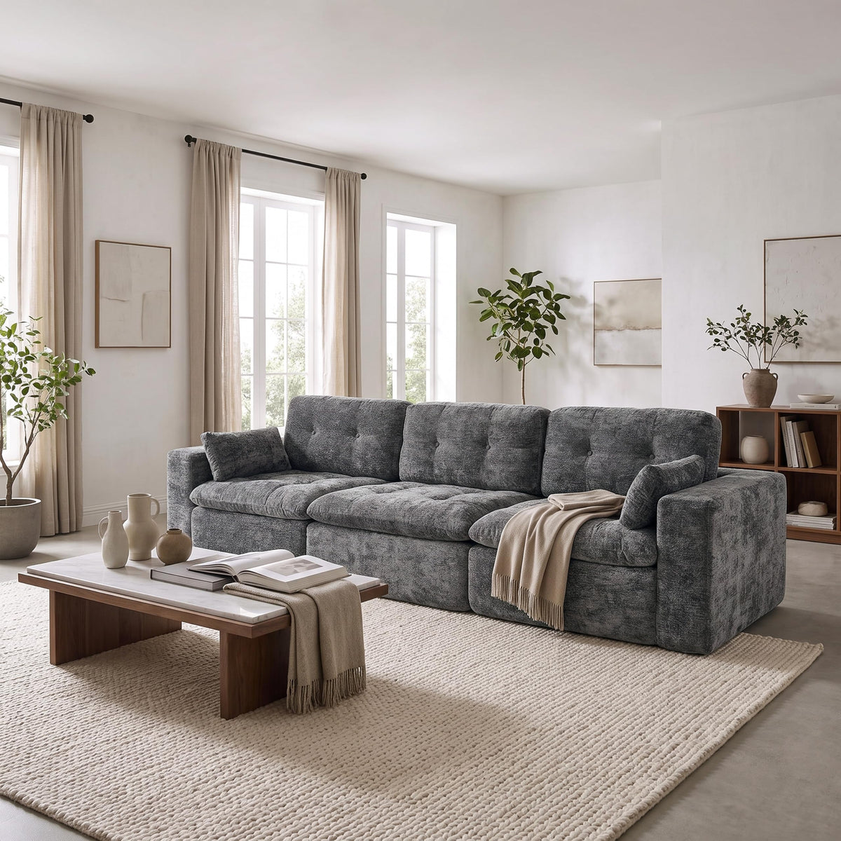 Sofá modular de 3 plazas con función de dormir, asiento extra profundo, felpilla para el hogar, sofá sin marco, sofá cama flexible para salón, verde