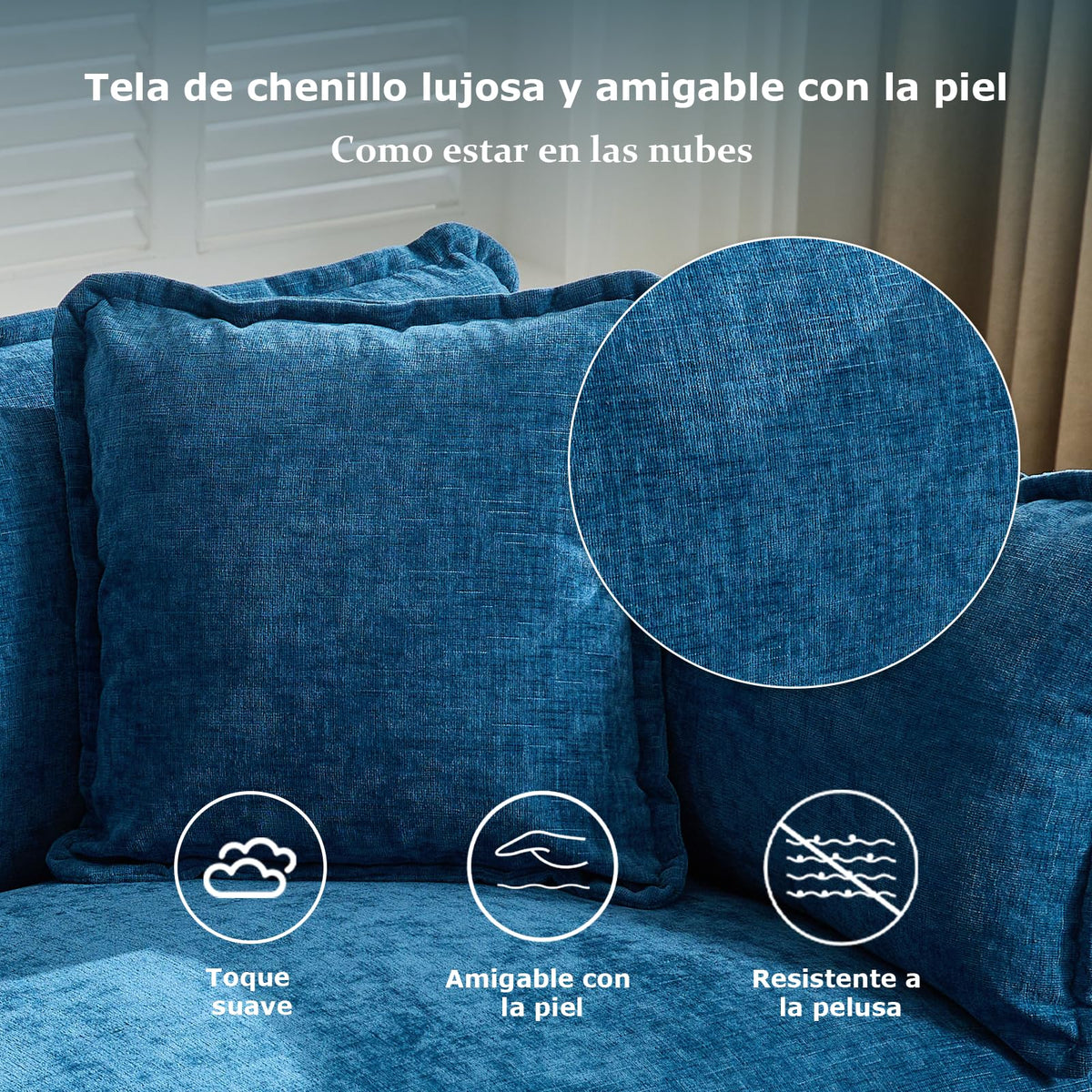 Sofá de salón modular 4 plazas 380cm, chenilla azul con cojines dobles