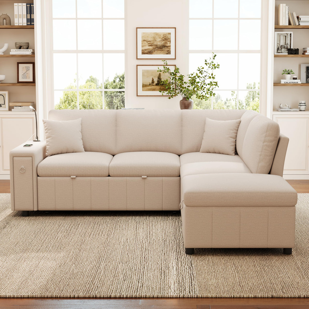 Sofá esquinero extensible en forma de L con puerto USB y portavasos, sofá cama de 4 plazas con función cama, sofá convertible con espacio de almacenamiento y reposabrazos, cojines, chenilla