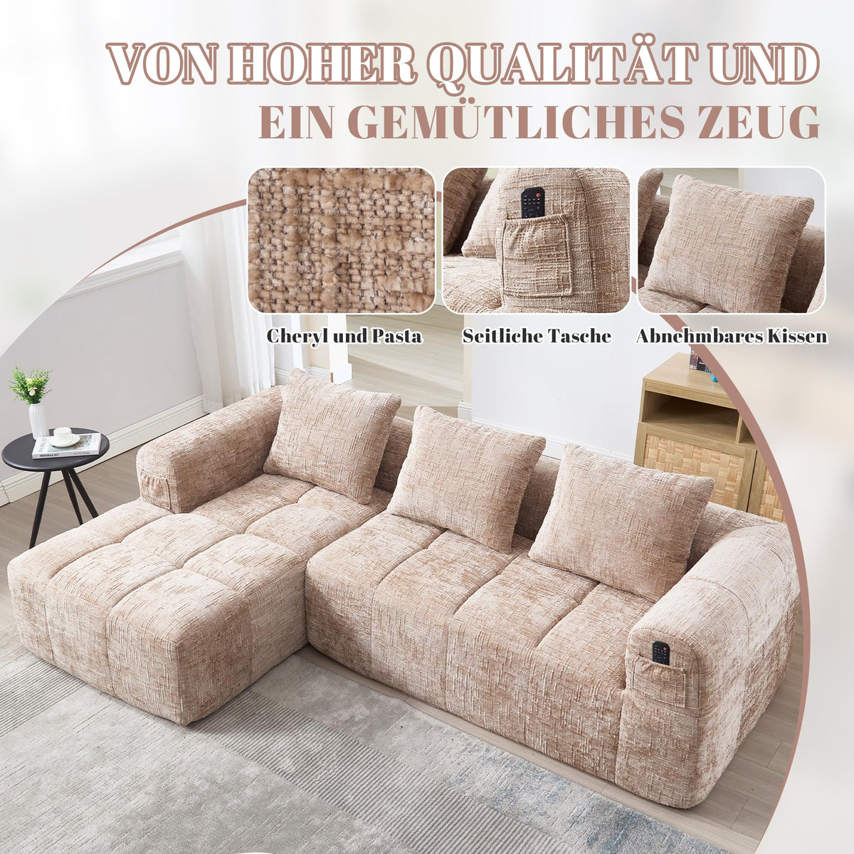 Soweiz Sofá L, seccional de 3 plazas, sofá con chaise longue y reposabrazos, 3 cojines, bolsillo lateral para mando a distancia, 250 x 158 x 60 cm