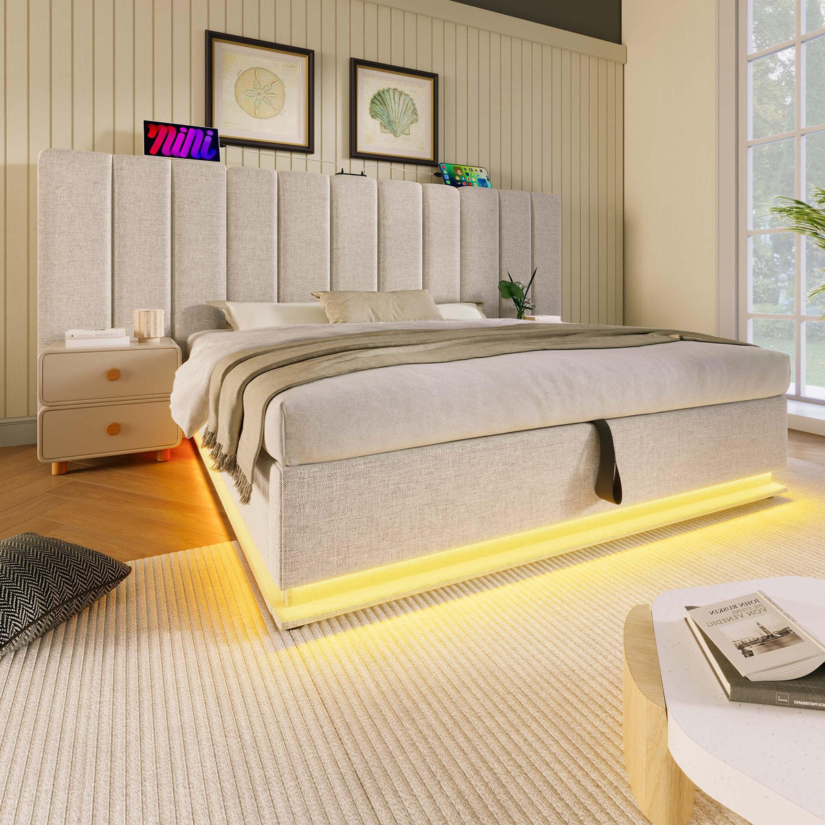Cama tapizada 180×200cm, Cama Doble con canapé con LED y función de Carga USB-C, PU, sin colchón ni mesita de Noche (Blanco, 180 x 200 cm)
