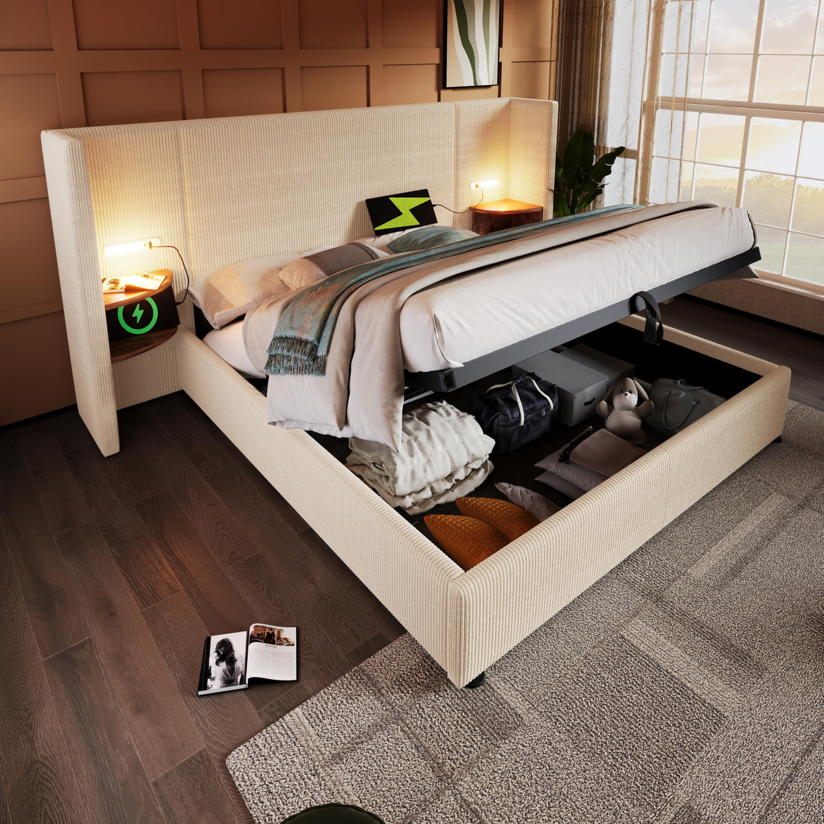 Camas Matrimoniales 160x200 con Cabecero Extendido y Espacio de Almacenaje Hidráulica, Cama Matrimonio con Lámpara de Lectura, Cama Doble con Puerto USB y Tipo C, Lino, Gris, Sin Colchón