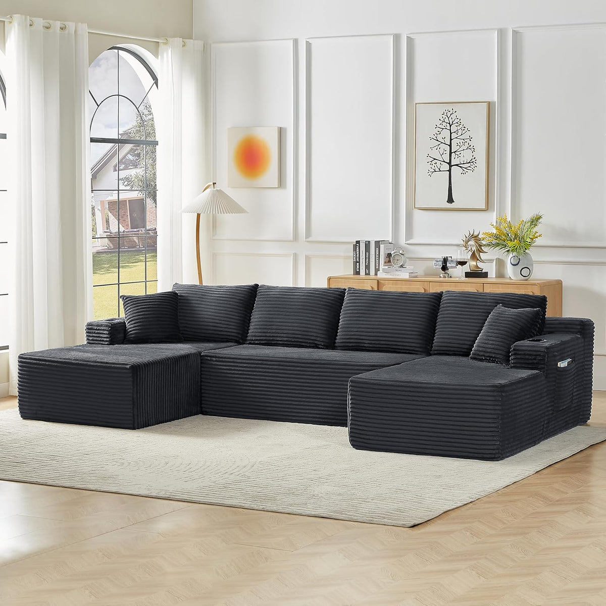Bladez Sofá esquinero modular en forma de U de pana de 3 plazas gris con otomana