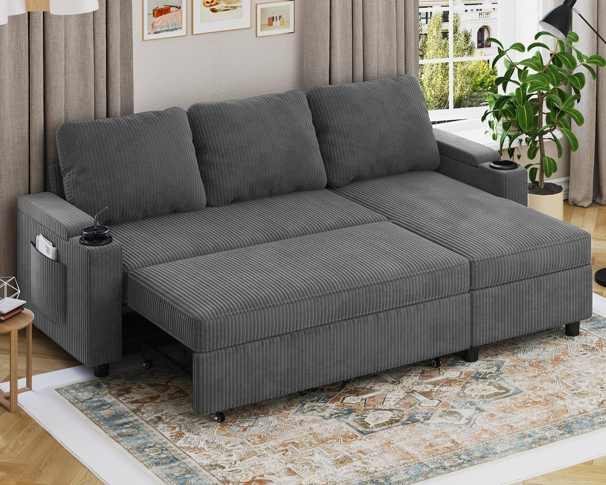 Devoko Sofá Cama L 3 plazas Azul Marino con almacén y portavasos, sofá Convertible Suave para salón y Piso, multifunción con Brazos amplios y Gran almacenaje
