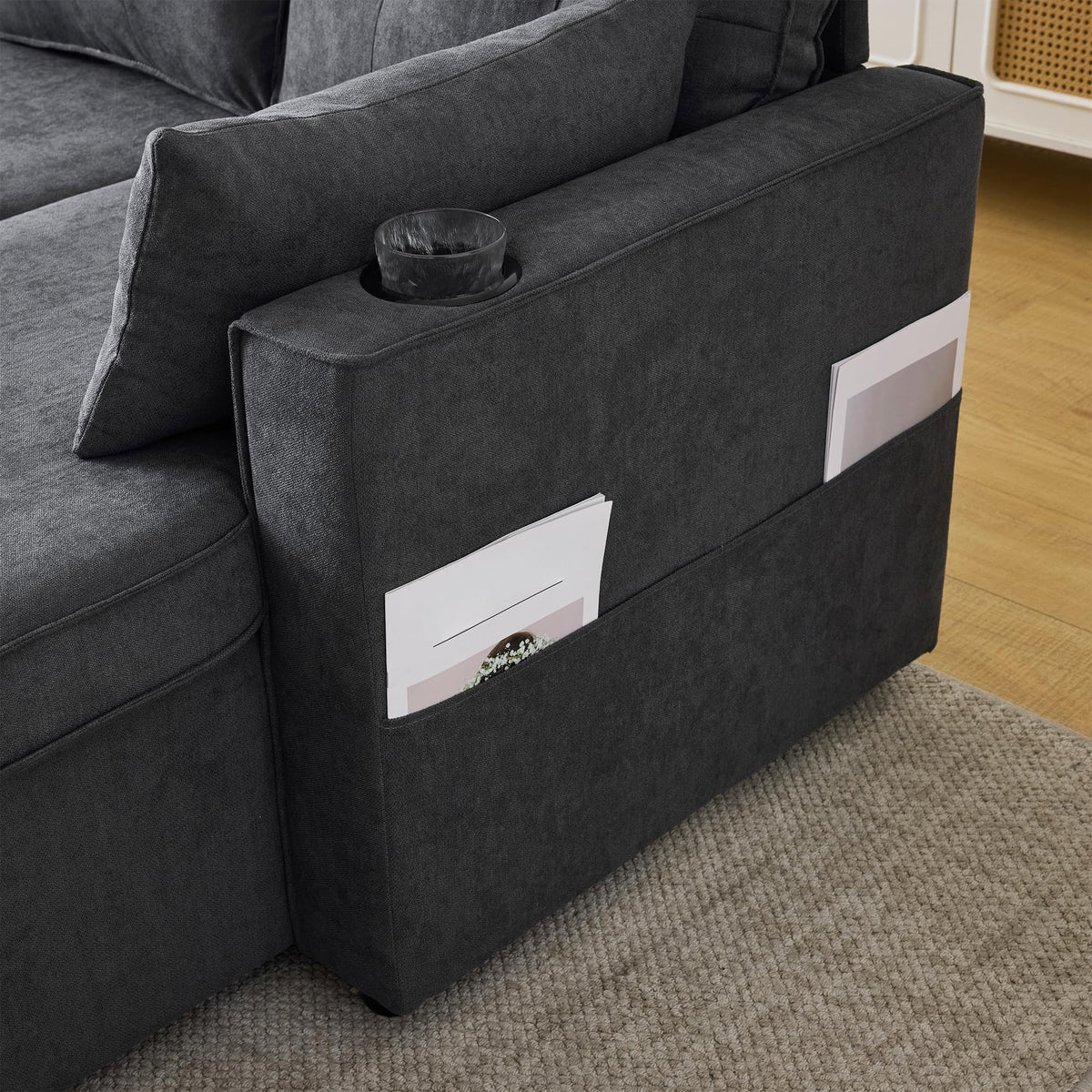 Sofá esquinero extensible en forma de L con puerto USB y portavasos, sofá cama de 4 plazas con función cama, sofá convertible con espacio de almacenamiento y reposabrazos, cojines, chenilla