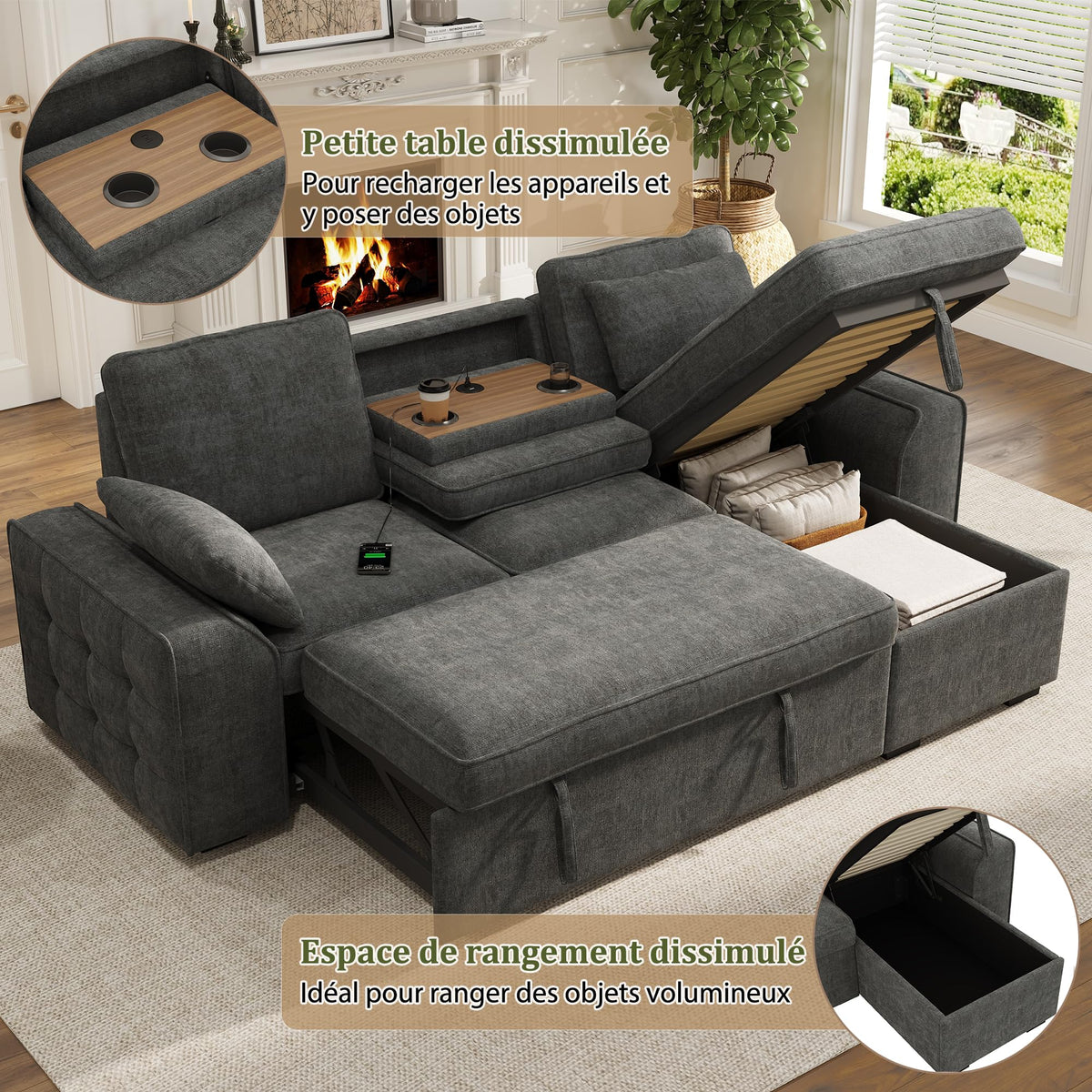 Sofá modular de 3 plazas con función cama extensible y USB/Type-C, sofá esquinero en forma de L con reposacabezas semifijos y compartimento de almacenamiento, sofás con chaise longue